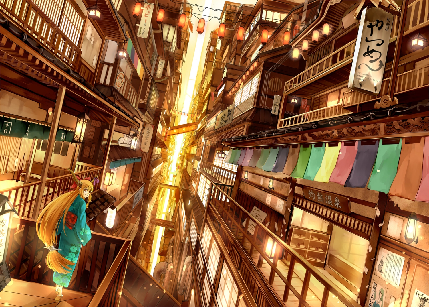 blonde_hair, bow, building, city, horns, ibuki_suika, japanese_clothes, kimono, long_hair, nishiuri, red_eyes, touhou