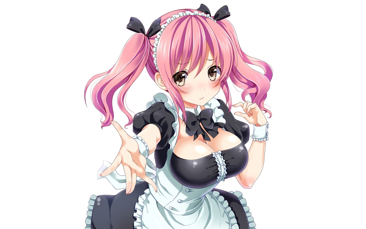 blush, bow, breasts, brown_hair, cleavage, headdress, maid, pink_hair, ribbons, tagme, tagme_(character), tomekiti, twintails, white