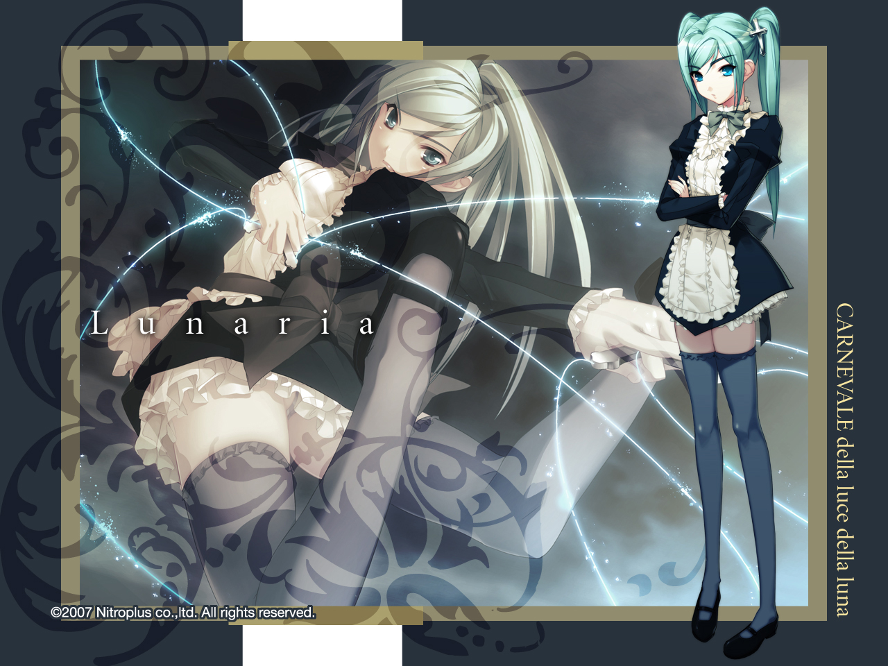 aqua_eyes, aqua_hair, carnevale_della_luce_della_luna, gray_hair, long_hair, lunaria, maid, thighhighs