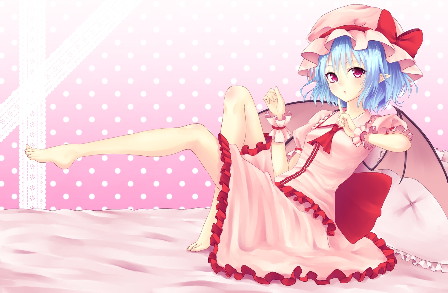 barefoot, bed, dress, hat, junior27016, pointed_ears, remilia_scarlet, touhou, vampire, wings