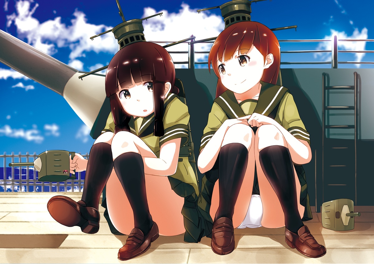 2girls, anthropomorphism, brown_eyes, brown_hair, kantai_collection, kitakami_(kancolle), kneehighs, ooi_(kancolle)