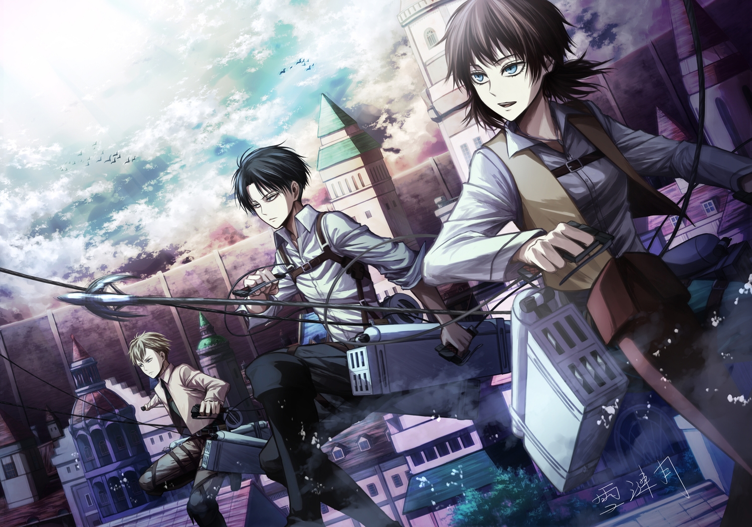 angel31424, animal, bird, black_eyes, black_hair, blue_eyes, brown_hair, building, city, clouds, farlan_church, isabel_magnolia, levi_ackerman, male, shingeki_no_kyojin, short_hair, signed, sky, weapon