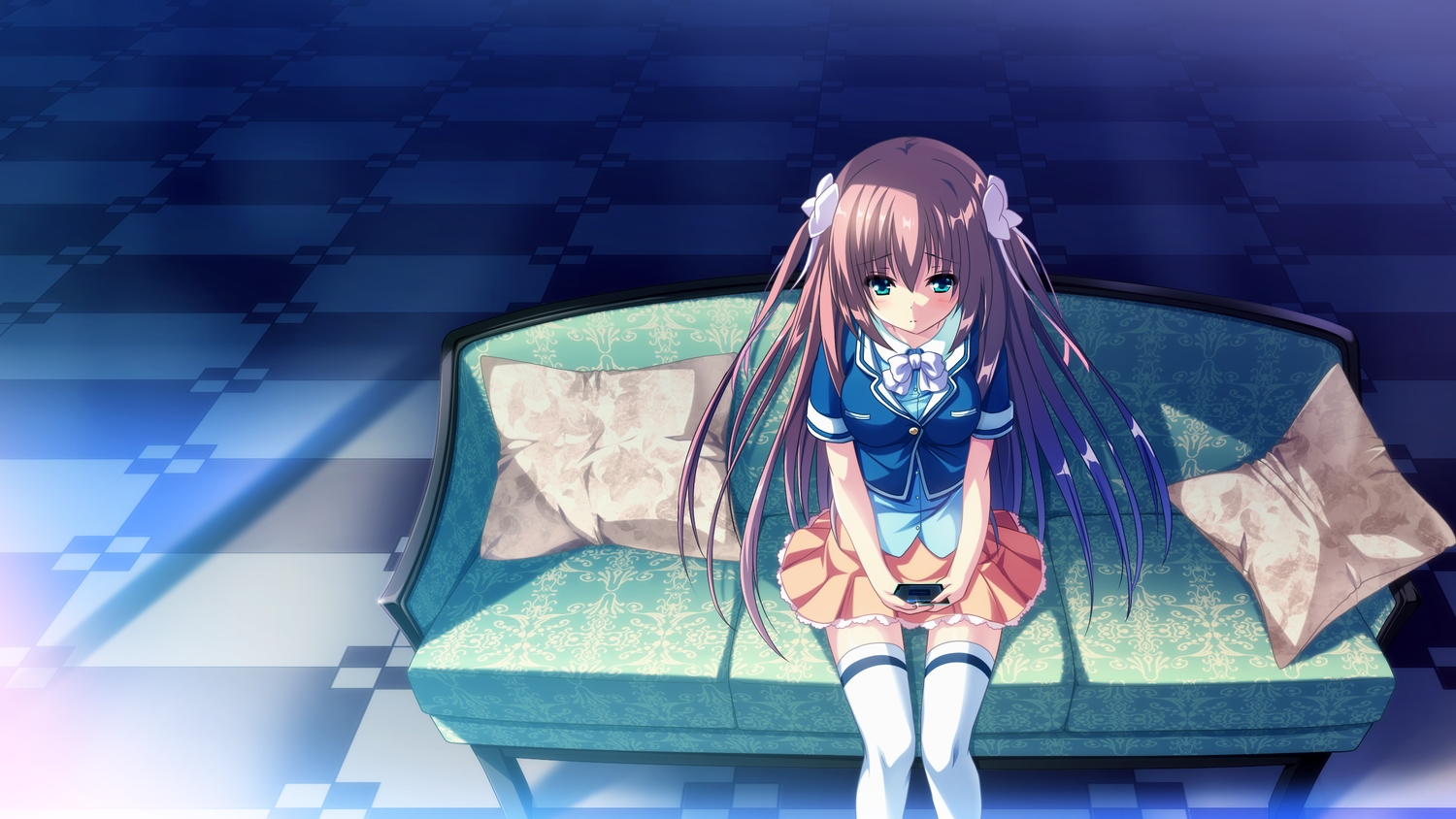 blue_eyes, brown_hair, cocoro@function!, game_cg, hasugase_mina, hinata_momo, long_hair, pulltop, skirt, thighhighs, twintails