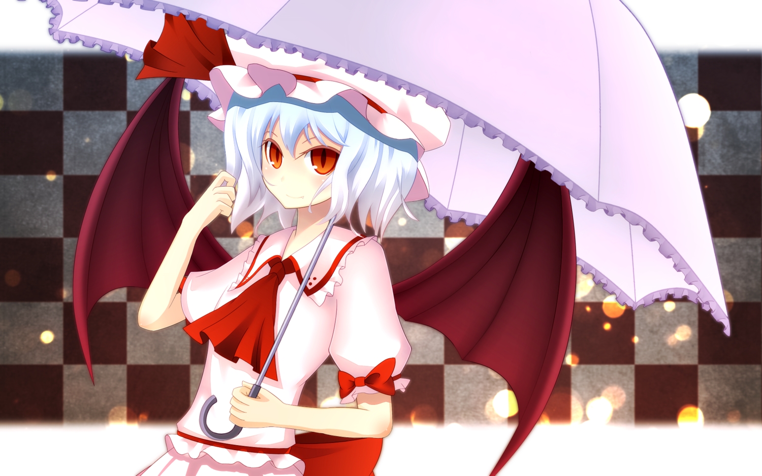 fang, hat, junior27016, orange_eyes, remilia_scarlet, ribbons, short_hair, touhou