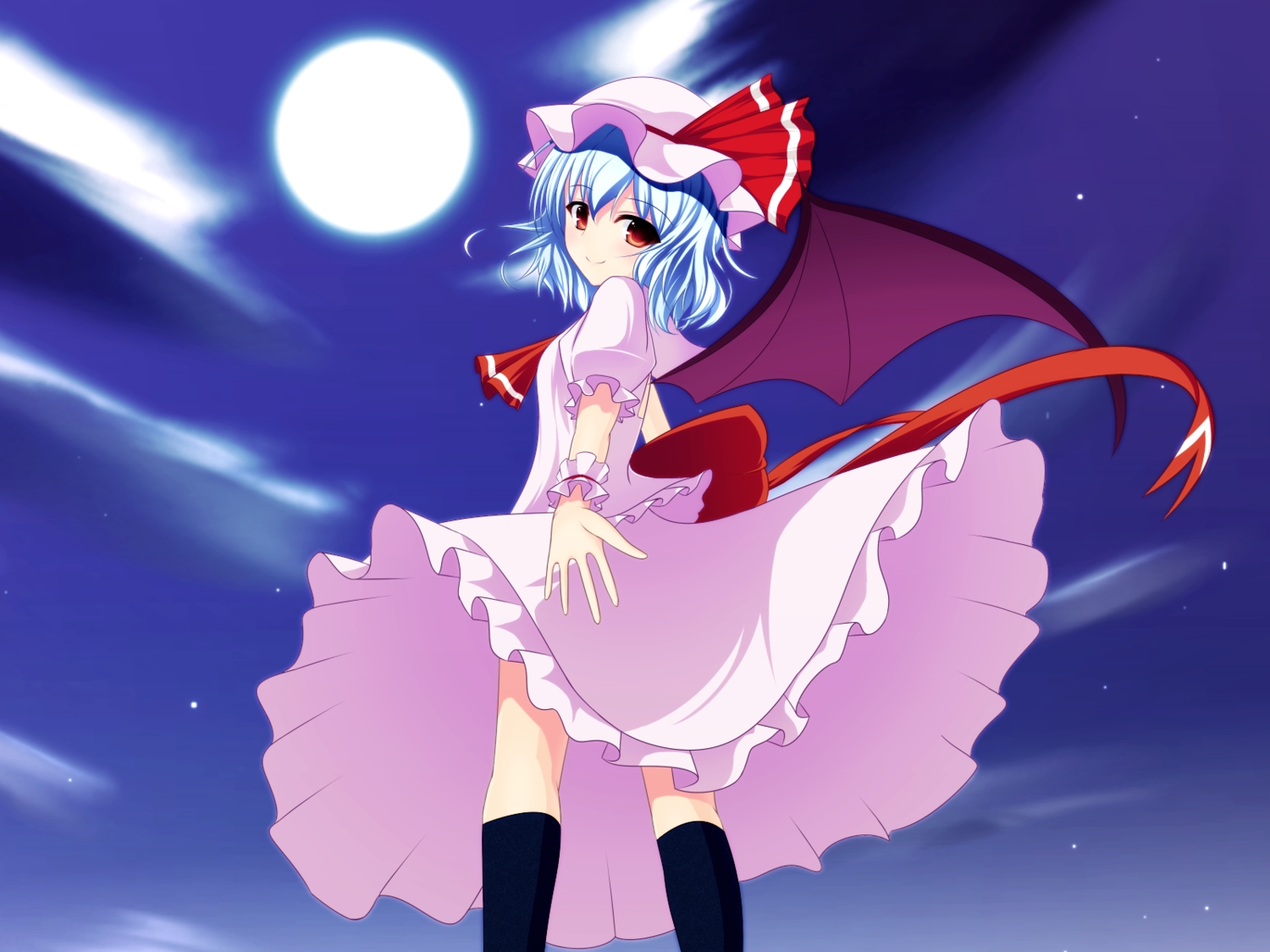 blue_hair, bow, dress, hat, junior27016, kneehighs, moon, red_eyes