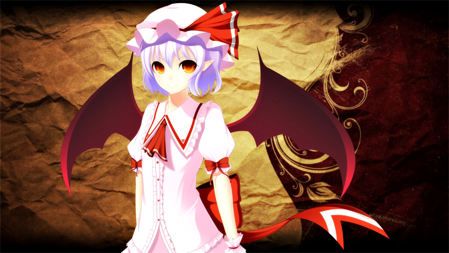 bow, dress, hat, junior27016, orange_eyes, pointed_ears, purple_hair, remilia_scarlet