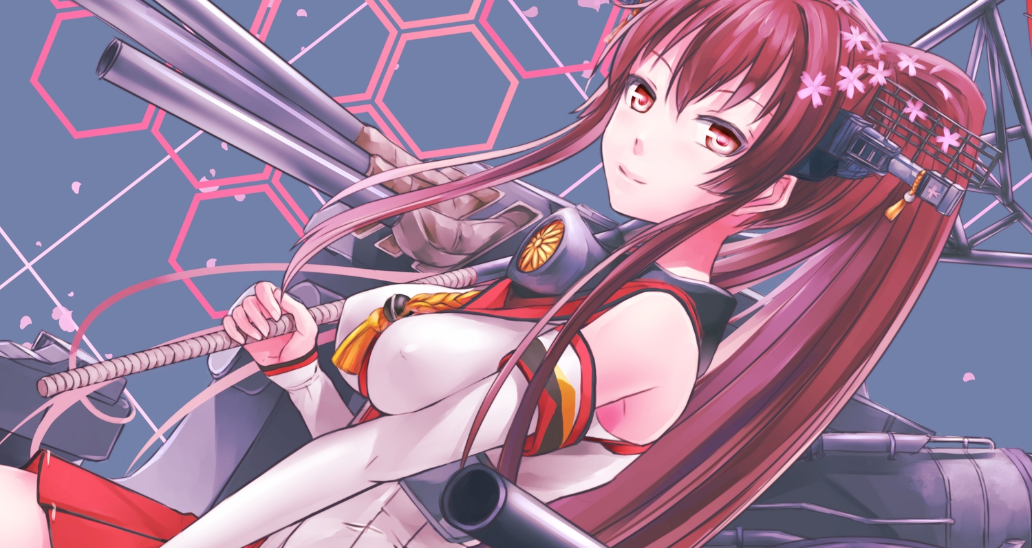 anthropomorphism, cherry_blossoms, erect_nipples, flowers, gun, kantai_collection, long_hair, nanjyolno, petals, red_eyes, red_hair, umbrella, weapon, yamato_(kancolle)