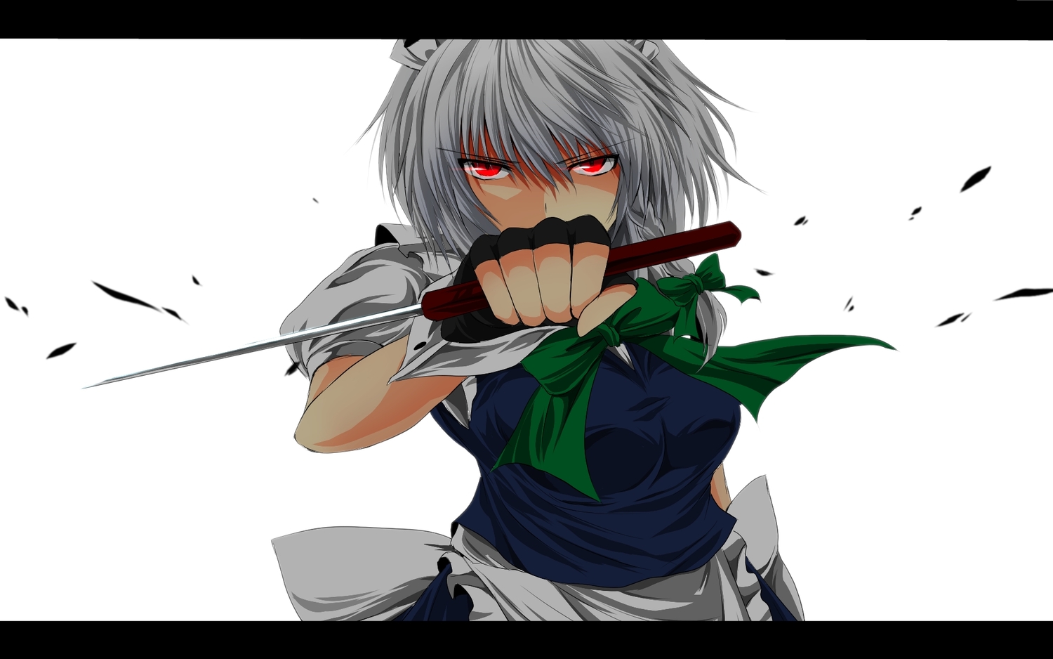 bow, braids, gloves, gray_hair, izayoi_sakuya, knife, maid, nekominase