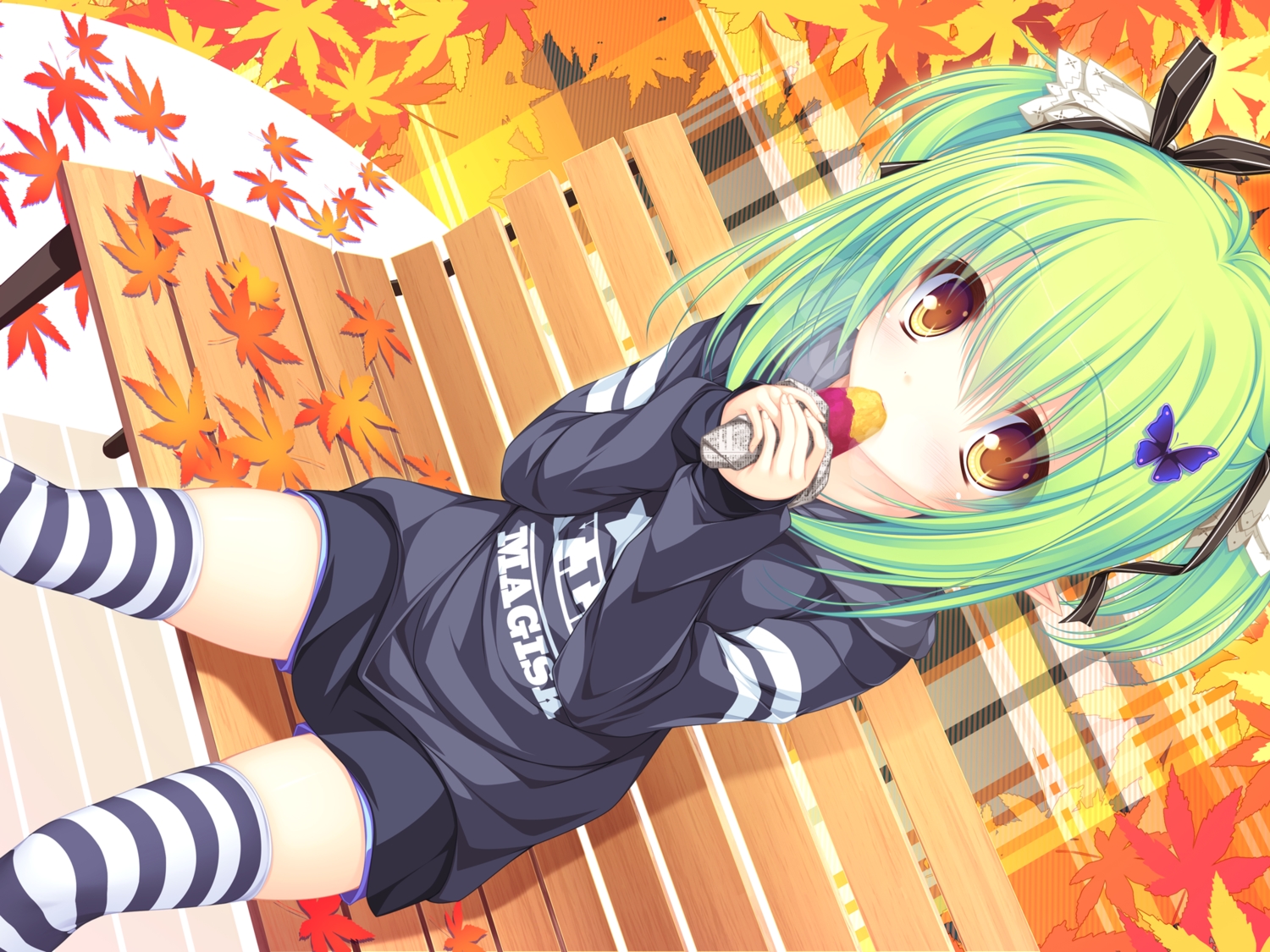 autumn, charlles_faltesia, food, green_hair, leaves, magicalic_sky_high, mikagami_mamizu, pointed_ears