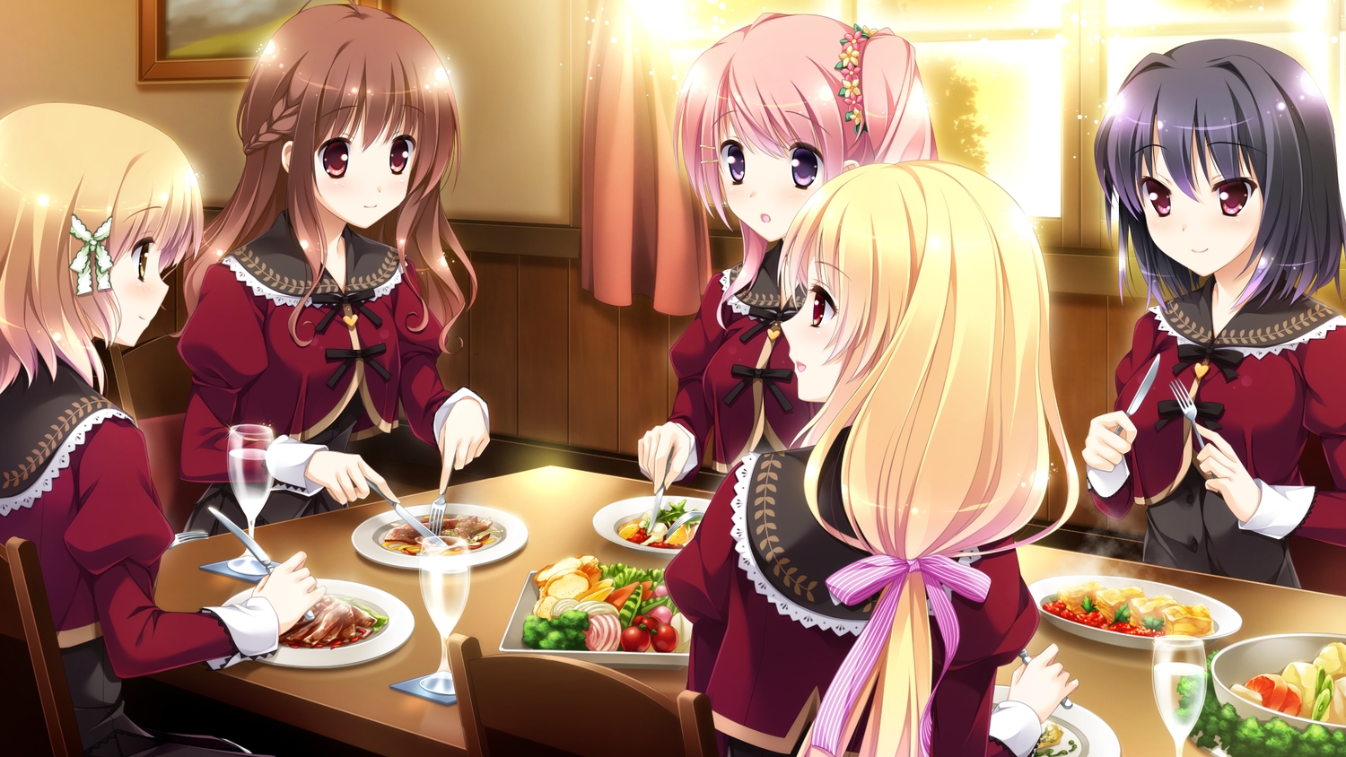 black_hair, blonde_hair, brown_hair, ensemble_(company), erihara_mitsuki, food, game_cg, kadowaki_sakura