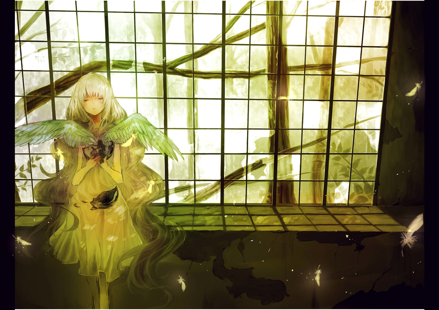 aiharafu, dress, feathers, long_hair, original, wings