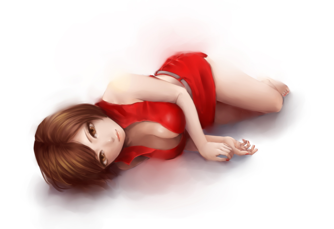 barefoot, breasts, brown_eyes, brown_hair, cleavage, meiko, murasaki_(ekyu), short_hair, vocaloid, white