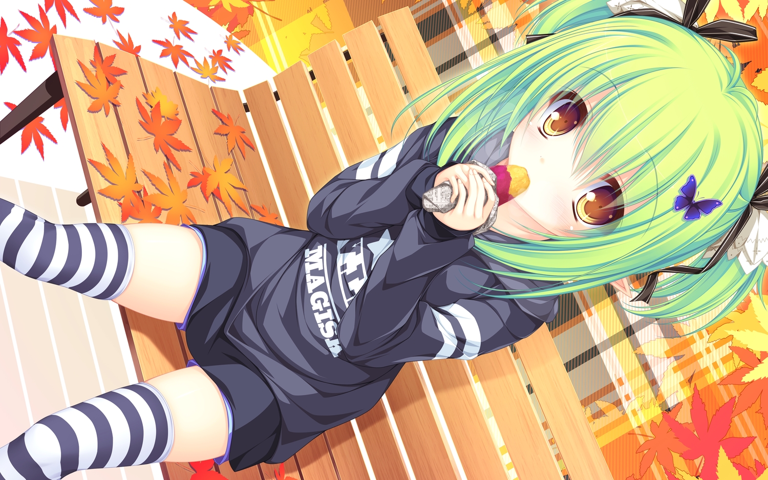 autumn, charlles_faltesia, food, green_hair, leaves, magicalic_sky_high, mikagami_mamizu, pointed_ears, thighhighs, whirlpool, yellow_eyes