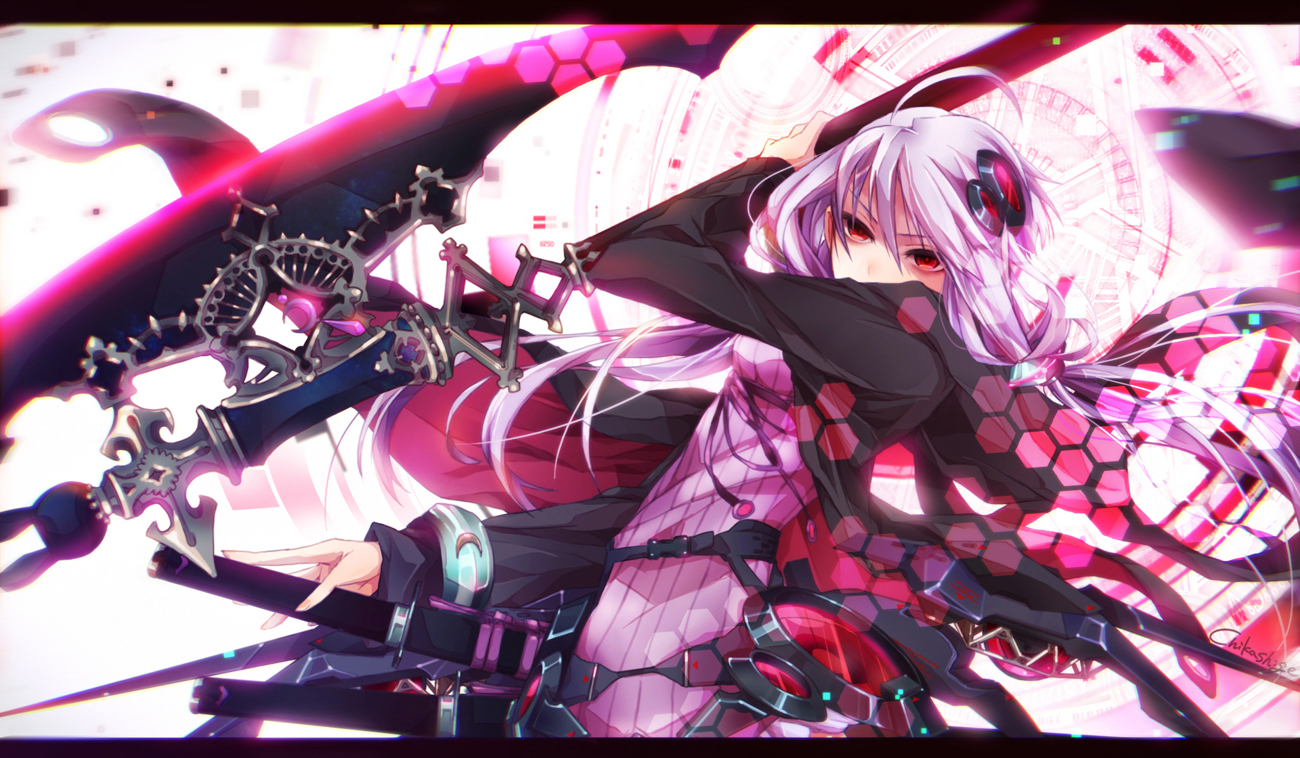 chikashige, hood, katana, long_hair, pink_hair, red_eyes, ribbons, sword, twintails, vocaloid, voiceroid, weapon, yuzuki_yukari