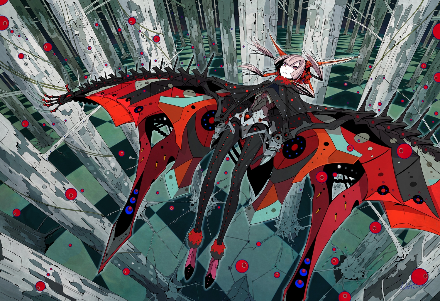 headdress, long_hair, mechagirl, original, palow, pink_eyes, pink_hair, signed, wings