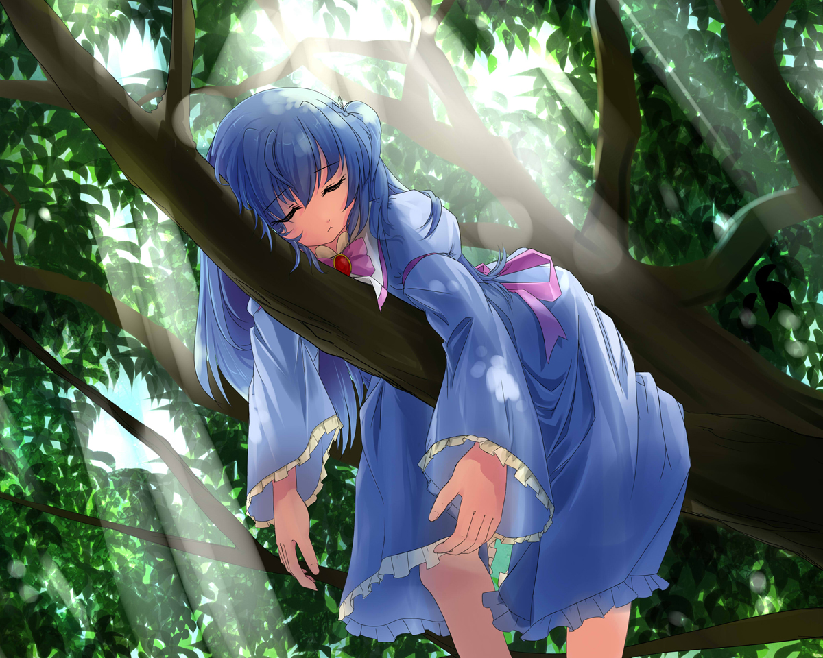 angelic_sonata, blue_hair, dress, game_cg, long_hair, neko_eel, qblade, shiori_(angelic_sonata), sleeping, tree