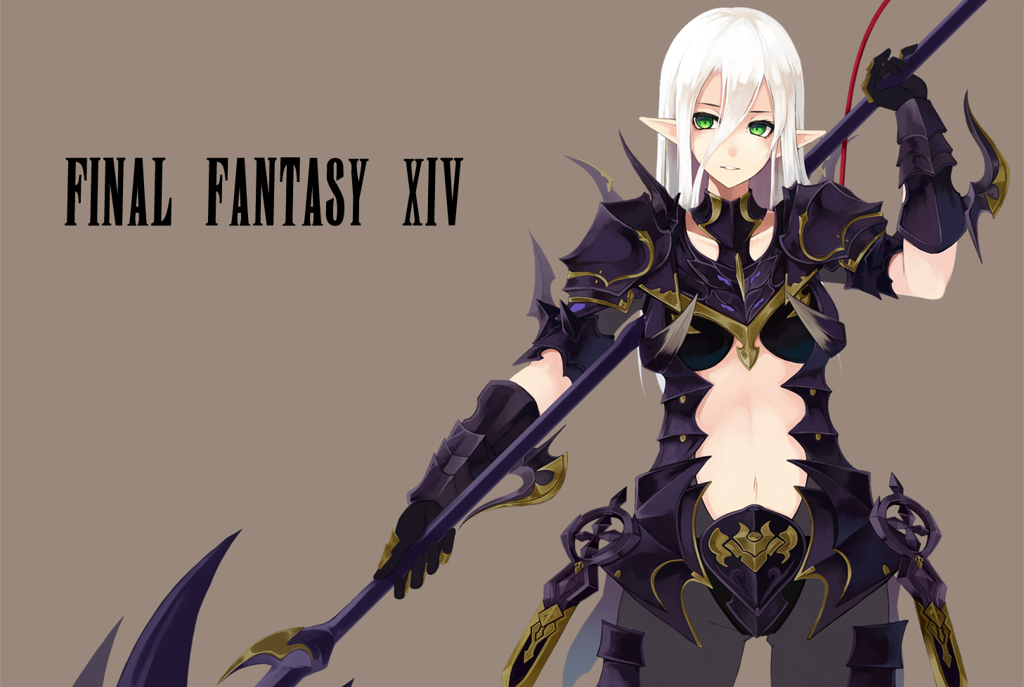 armor, elezen, final_fantasy, green_eyes, nanahara_fuyuki, navel, pointed_ears, spear, weapon, white_hair