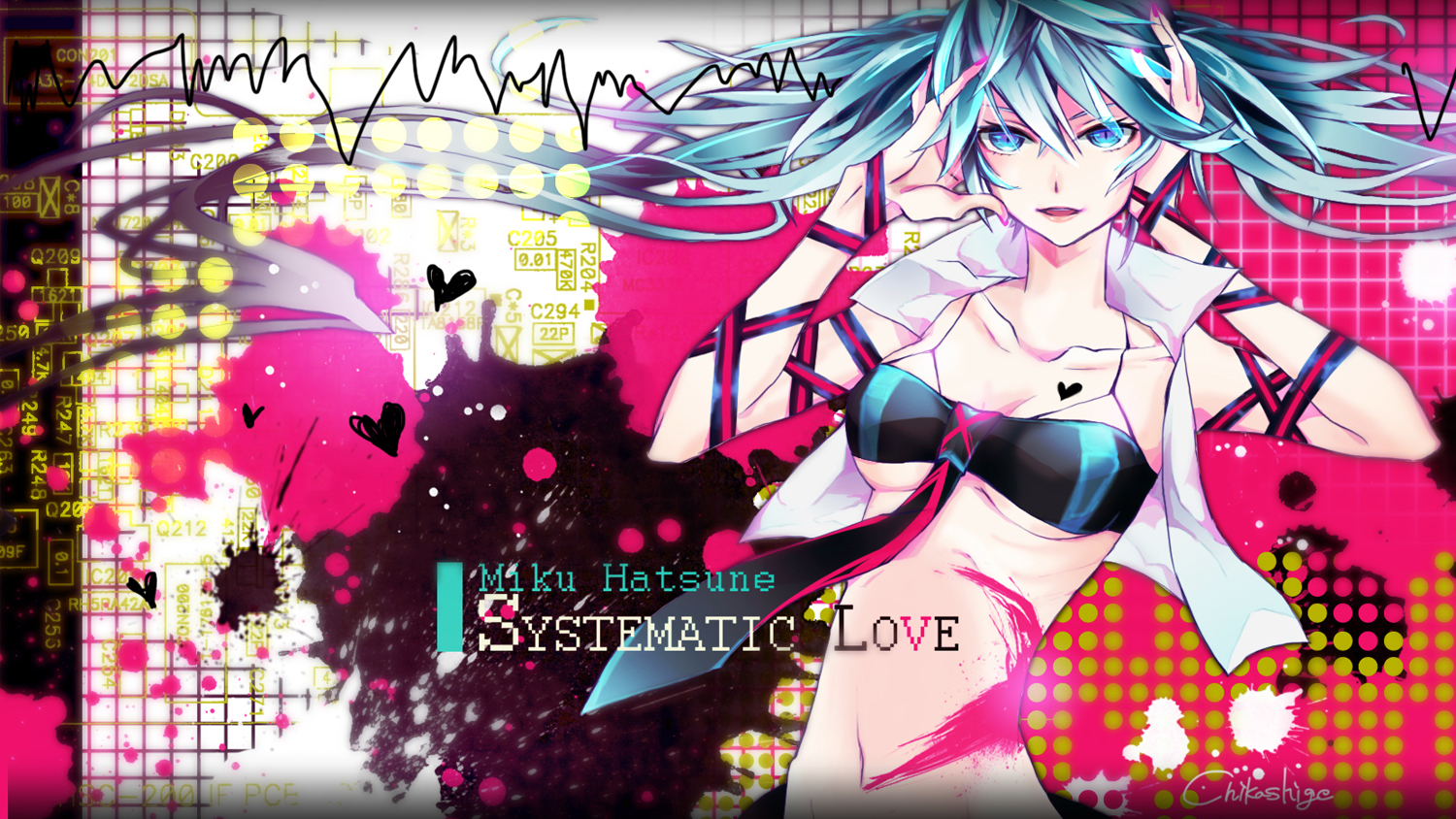 aqua_eyes, aqua_hair, breasts, chikashige, hatsune_miku, long_hair, navel, signed
