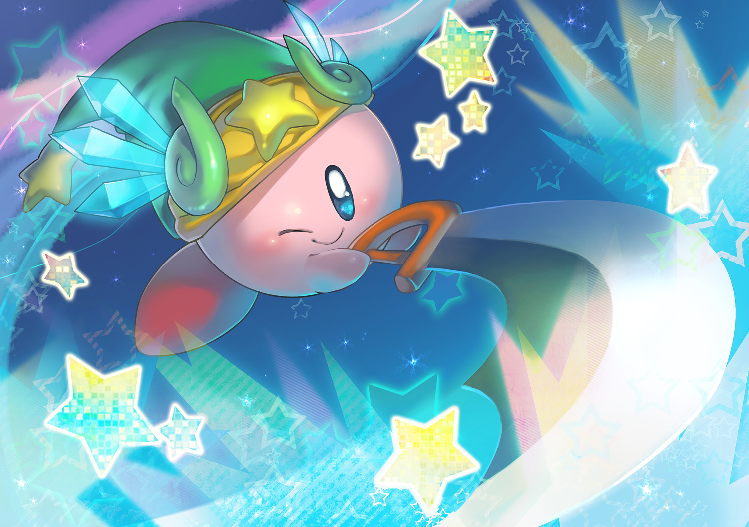 babiuxxx, blue_eyes, hat, kirby, kirby_(character), nintendo, sword, weapon, wink