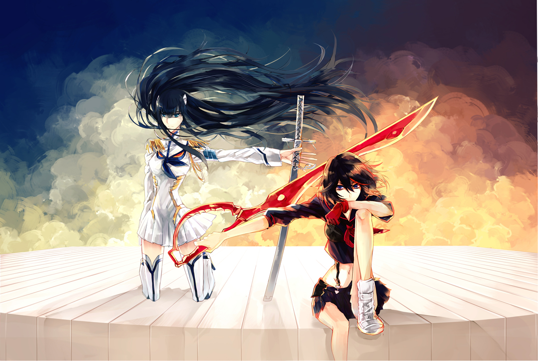 2girls, 9tsumura, black_hair, blue_eyes, boots, dress, gloves, katana, kill_la_kill, kiryuin_satsuki, long_hair, matoi_ryuuko, navel, red_hair, short_hair, skirt, sword, thighhighs, weapon