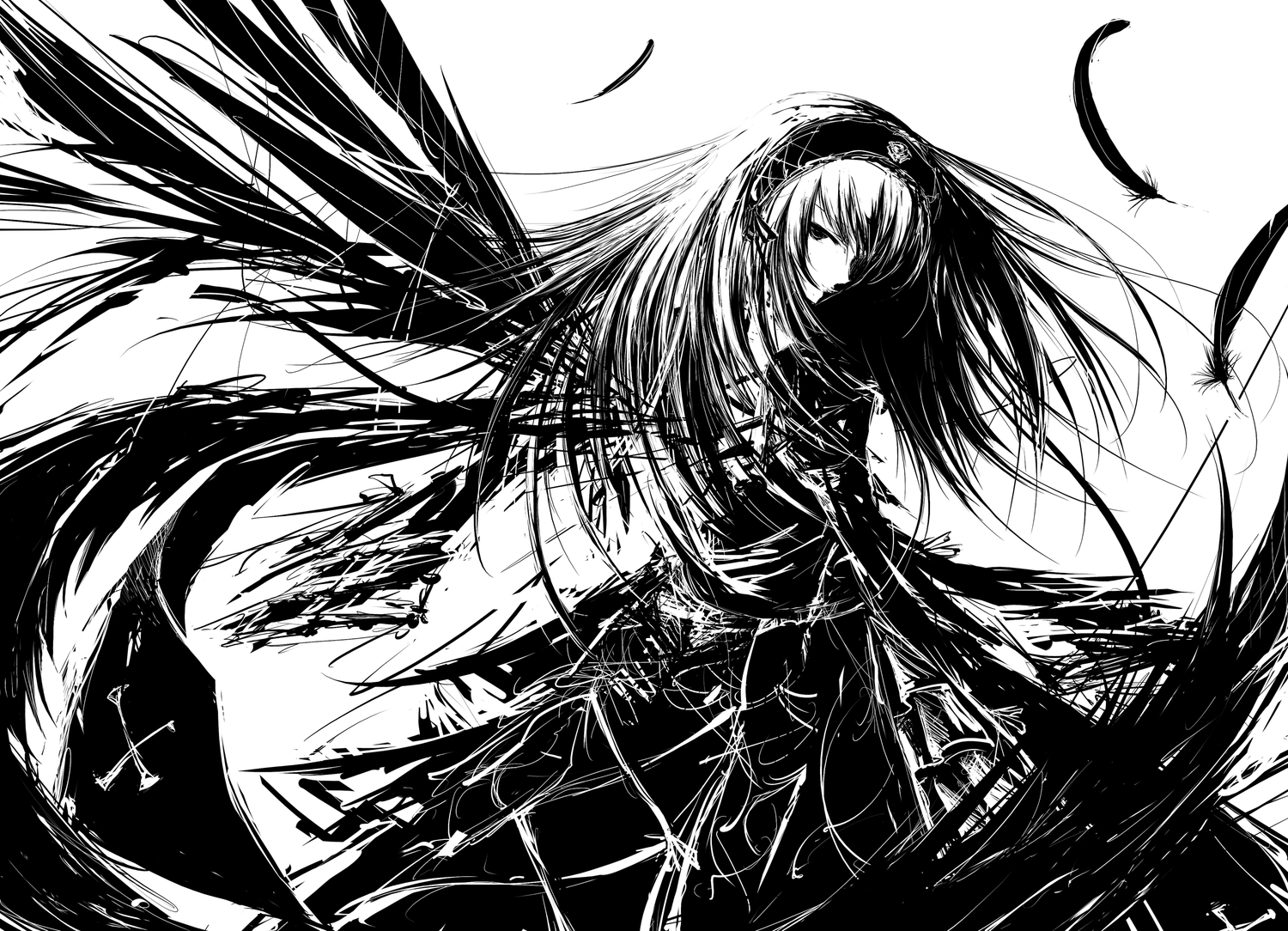 feathers, headband, iori, long_hair, monochrome, rozen_maiden, suigintou, white, wings