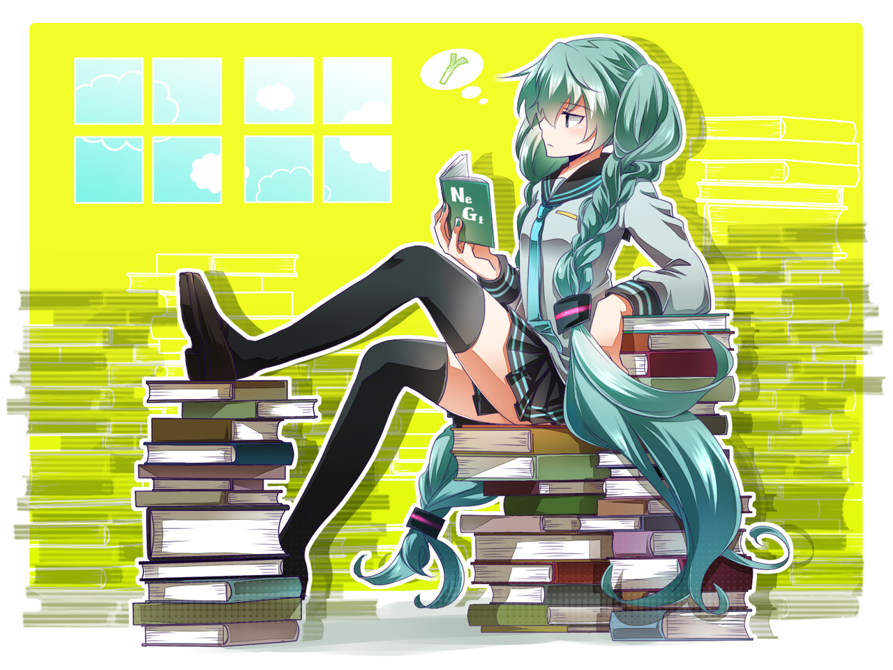 aqua_eyes, aqua_hair, book, braids, hatsune_miku, long_hair, skirt, thighhighs, tie, tsujiori, vocaloid