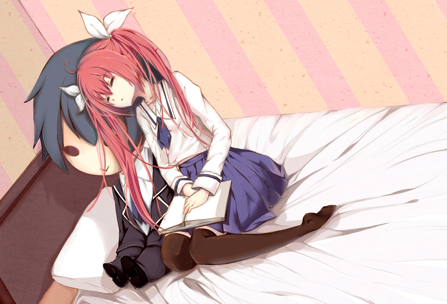 bed, book, date_a_live, itsuka_kotori, itsuka_shidou, long_hair, luoz, pink_hair