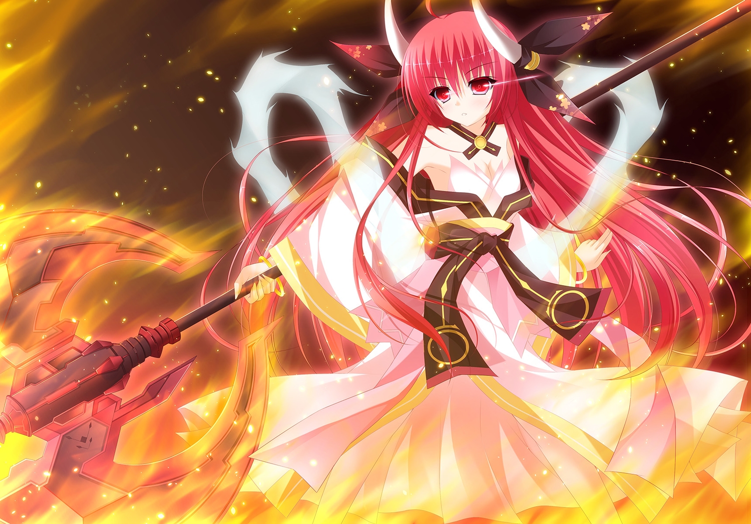 date_a_live, fire, horns, itsuka_kotori, japanese_clothes, jpeg_artifacts, kimono, long_hair, red_eyes, red_hair, weapon, yunagi_amane