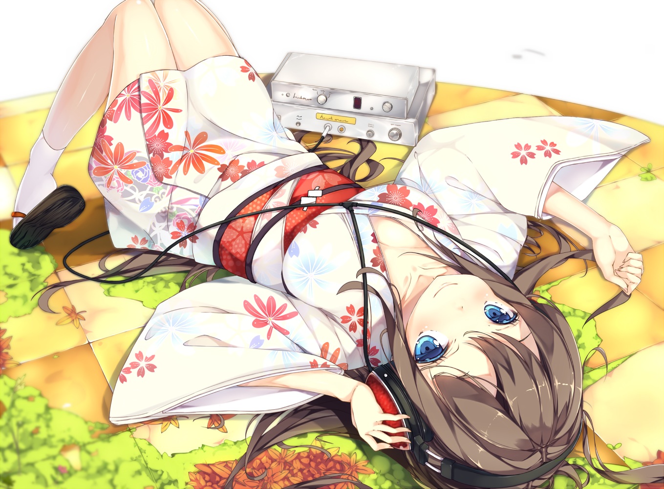aqua_eyes, brown_hair, headphones, japanese_clothes, long_hair, original, shirohina, yukata