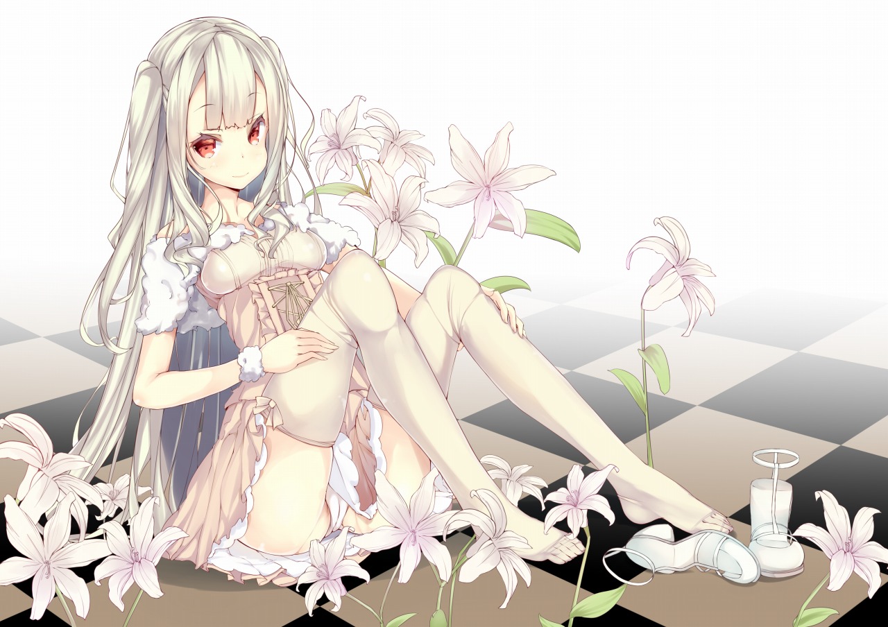 dress, flowers, jpeg_artifacts, long_hair, original, panties, red_eyes, shirohina