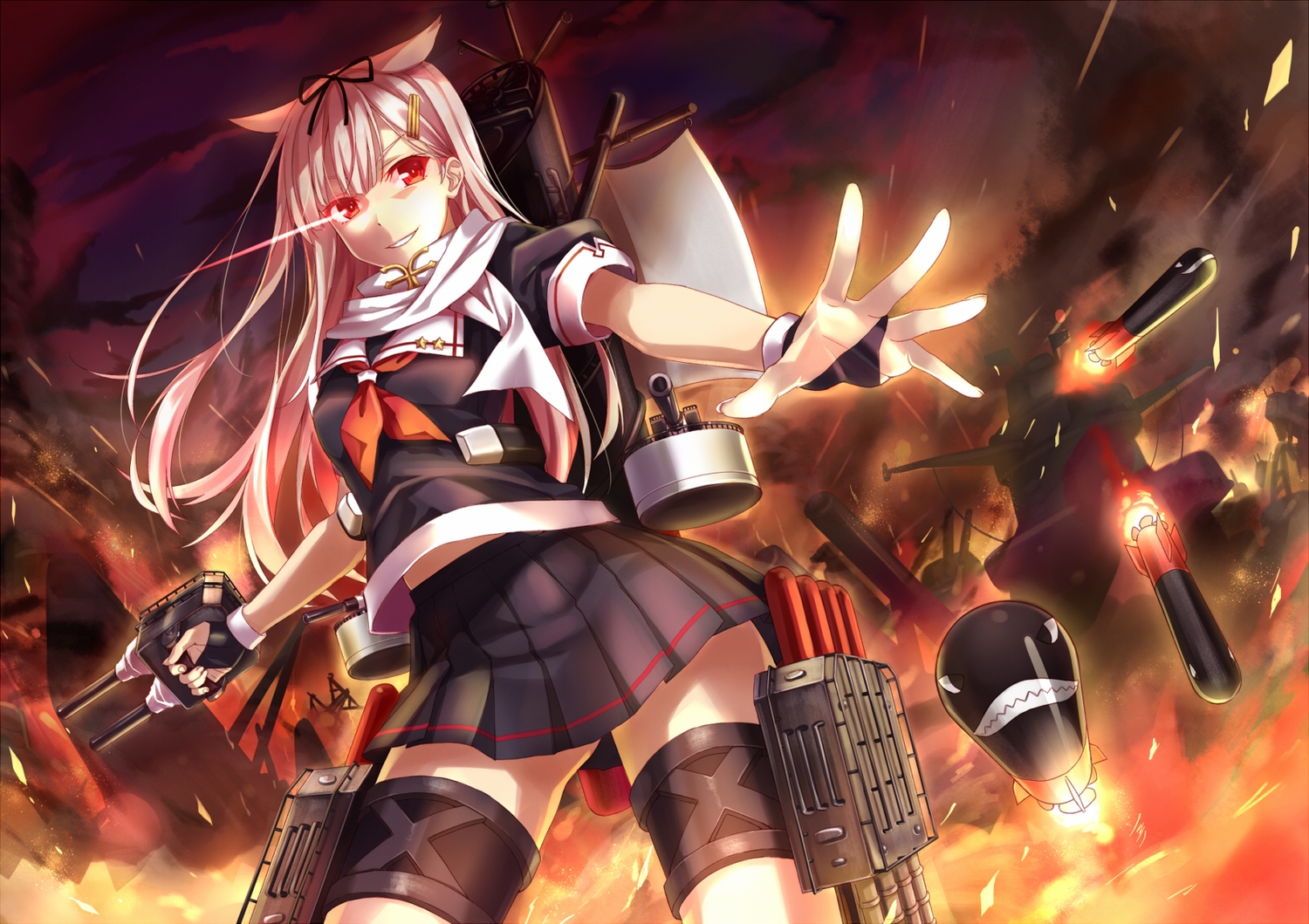 anthropomorphism, blonde_hair, bow, fire, gloves, hika_(cross-angel), kantai_collection, long_hair