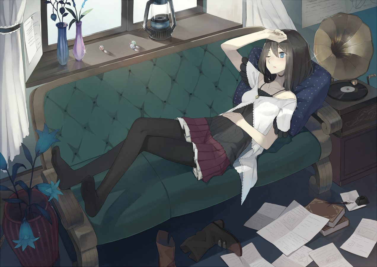 black_hair, blue_eyes, book, boots, flowers, hayashi_kewi, instrument, original