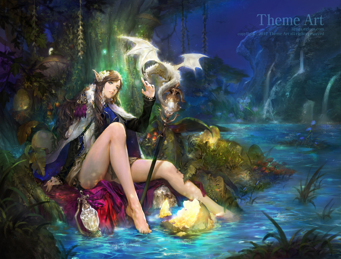 barefoot, blue_eyes, brown_hair, dragon, forest, hyuga_(artist), long_hair, original, pointed_ears, tree, water, watermark