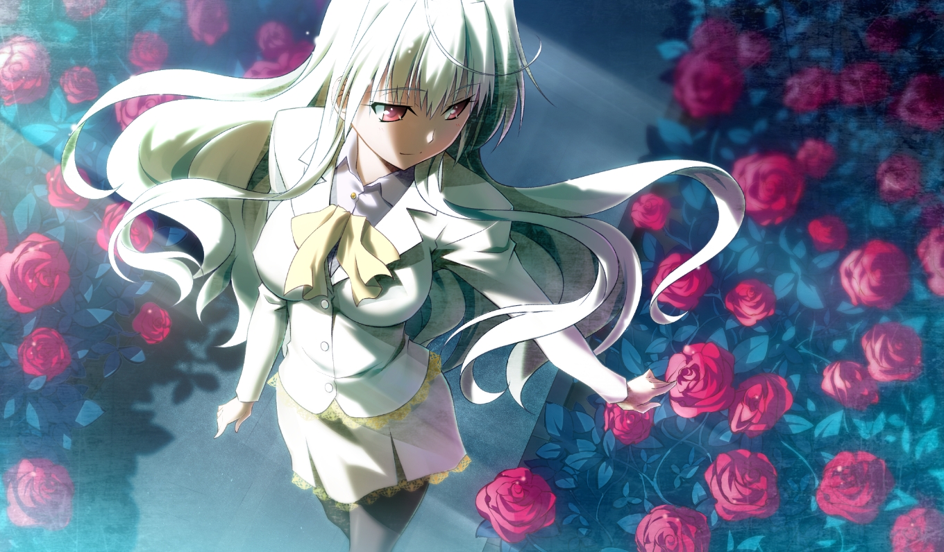 flowers, game_cg, izumi_mahiru, long_hair, nina_orlox, pantyhose, red_eyes, rose, vermilion_-bind_of_blood-, white_hair
