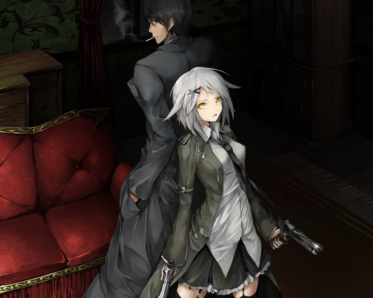 black_eyes, black_hair, cigarette, garter_belt, gun, original, shirt, short_hair