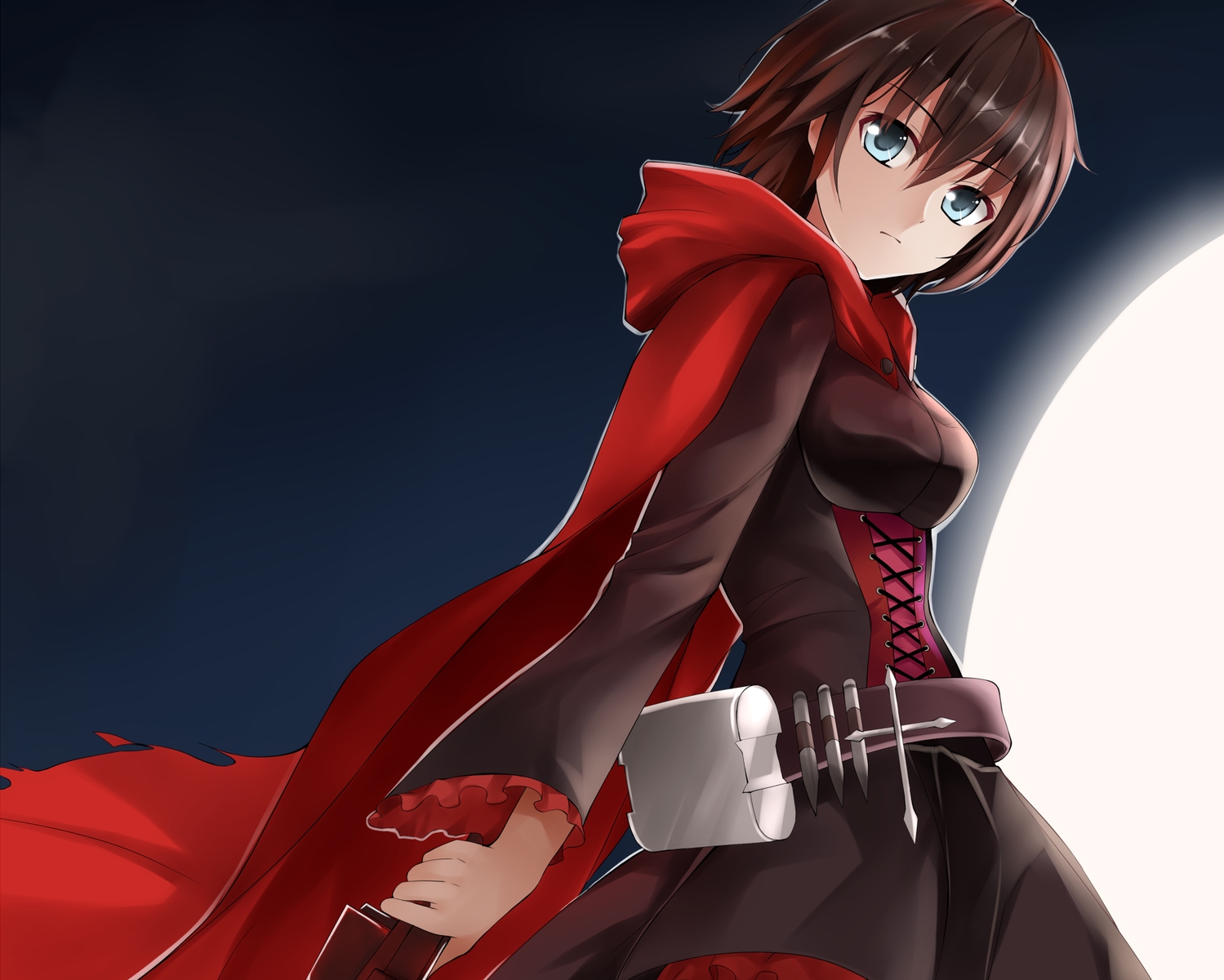 brown_hair, gray_eyes, moon, qiuzhi_huiyi, red_hair, ruby_rose, rwby, scarf