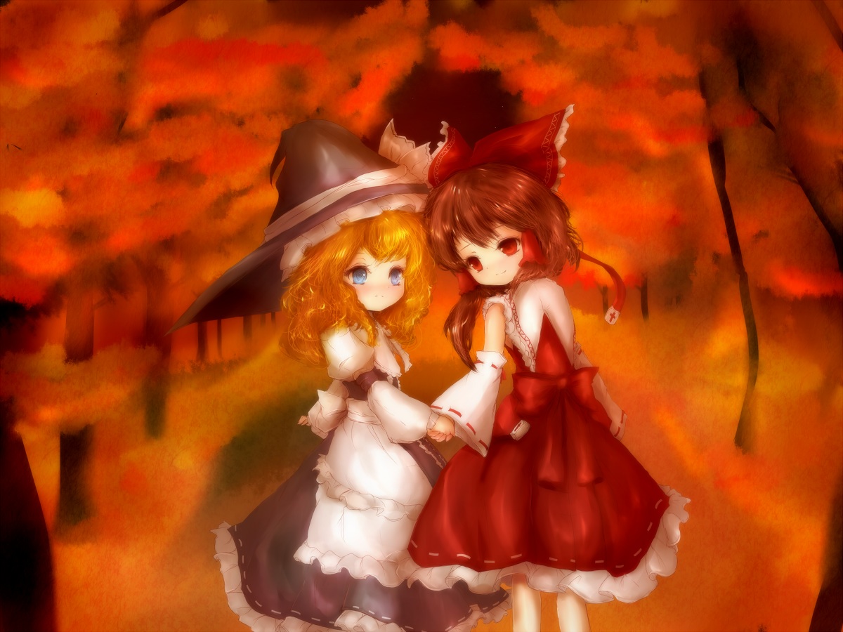 2girls, amanojaku, apron, autumn, blonde_hair, blue_eyes, bow, brown_hair, dress, hakurei_reimu, hat, japanese_clothes, kirisame_marisa, miko, red_eyes, touhou, witch, witch_hat