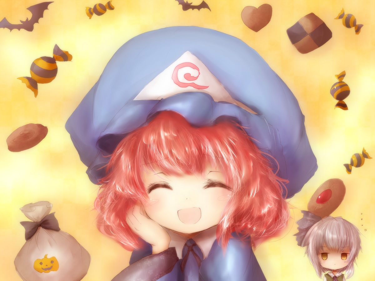 2girls, amanojaku, animal, bat, candy, food, gray_hair, halloween, hat, konpaku_youmu, pink_hair, ribbons, saigyouji_yuyuko, touhou, yellow_eyes