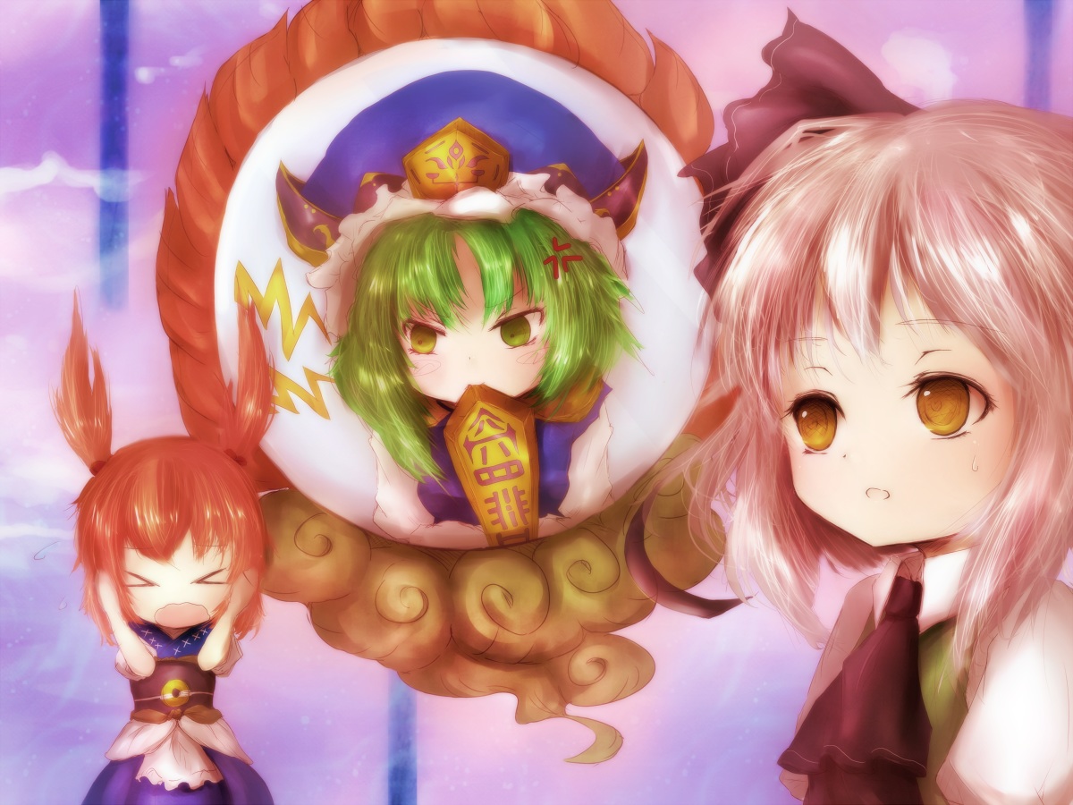 amanojaku, gray_hair, green_eyes, green_hair, hat, konpaku_youmu, onozuka_komachi, red_hair, ribbons, shiki_eiki, touhou, twintails, yellow_eyes