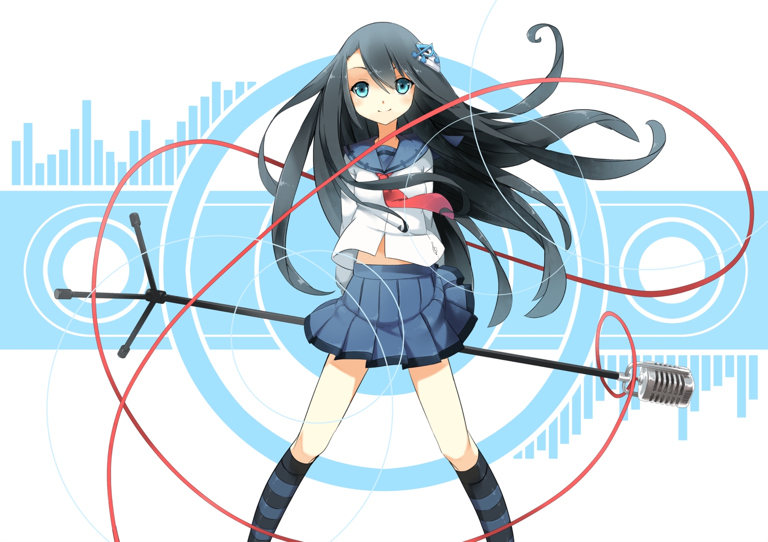 aoi_tsunami, black_hair, blue_eyes, kneehighs, long_hair, microphone, original, school_uniform