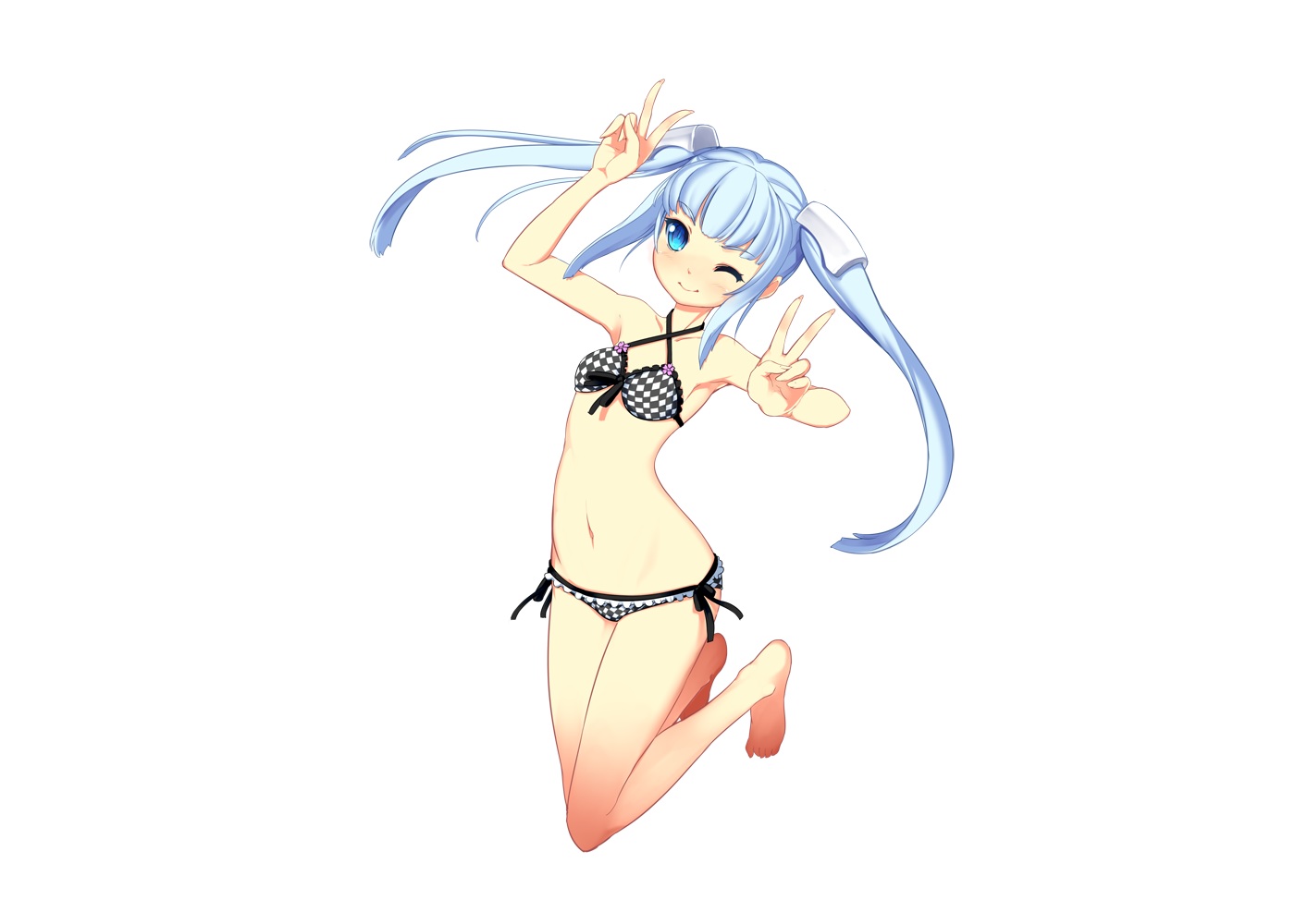 aoi_tsunami, aqua_eyes, aqua_hair, barefoot, miss_monochrome, miss_monochrome_(character), swimsuit, twintails, white