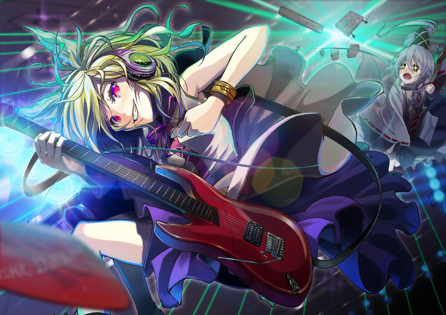 blonde_hair, fukurou_(suga0930), gray_hair, guitar, headphones, instrument, mononobe_no_futo, short_hair, touhou, toyosatomimi_no_miko