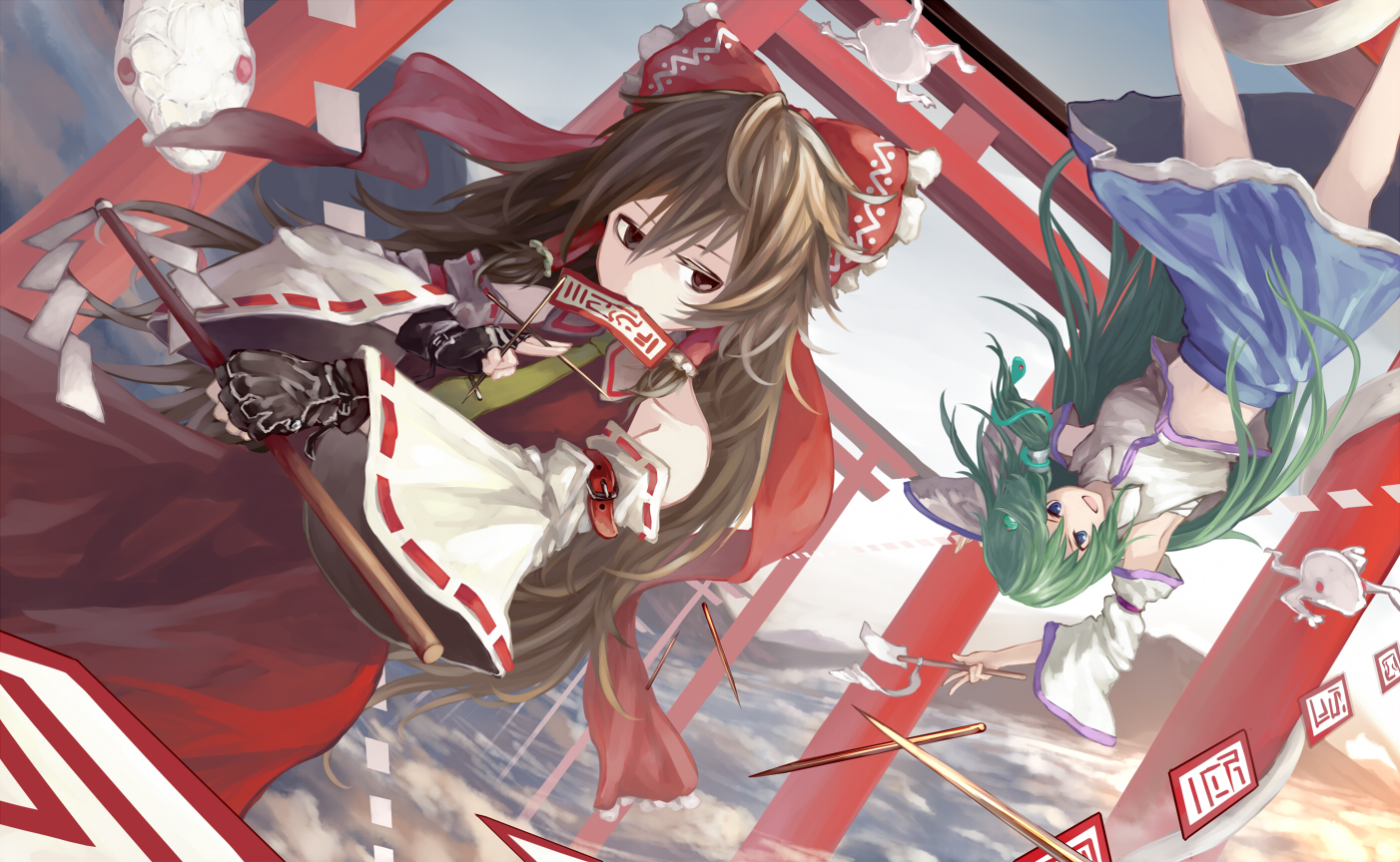 2girls, akihira_fujinohara, animal, blue_eyes, bow, brown_eyes, brown_hair, frog