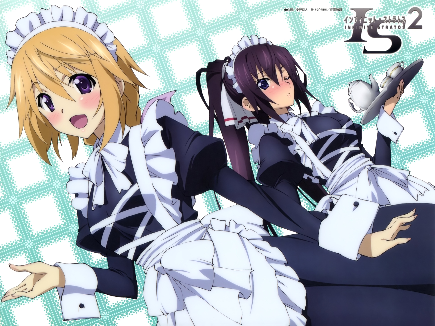 2girls, black_hair, blonde_hair, blush, charlotte_dunois, headdress, infinite_stratos, maid, scan, shinonono_houki, yasuno_masato