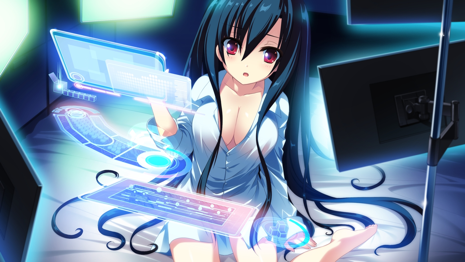barefoot, black_hair, breasts, cleavage, cocoro@function!, computer, game_cg, hayami_asagao, hinata_momo, long_hair, naked_shirt, pulltop, red_eyes, shirt