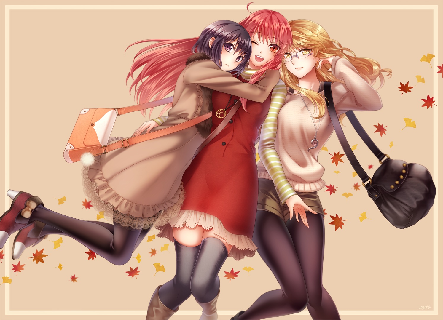 black_hair, blonde_hair, boots, dress, glasses, hug, milcho, necklace, original, pantyhose, pink_hair, red_eyes, shorts, thighhighs, wink, yellow_eyes