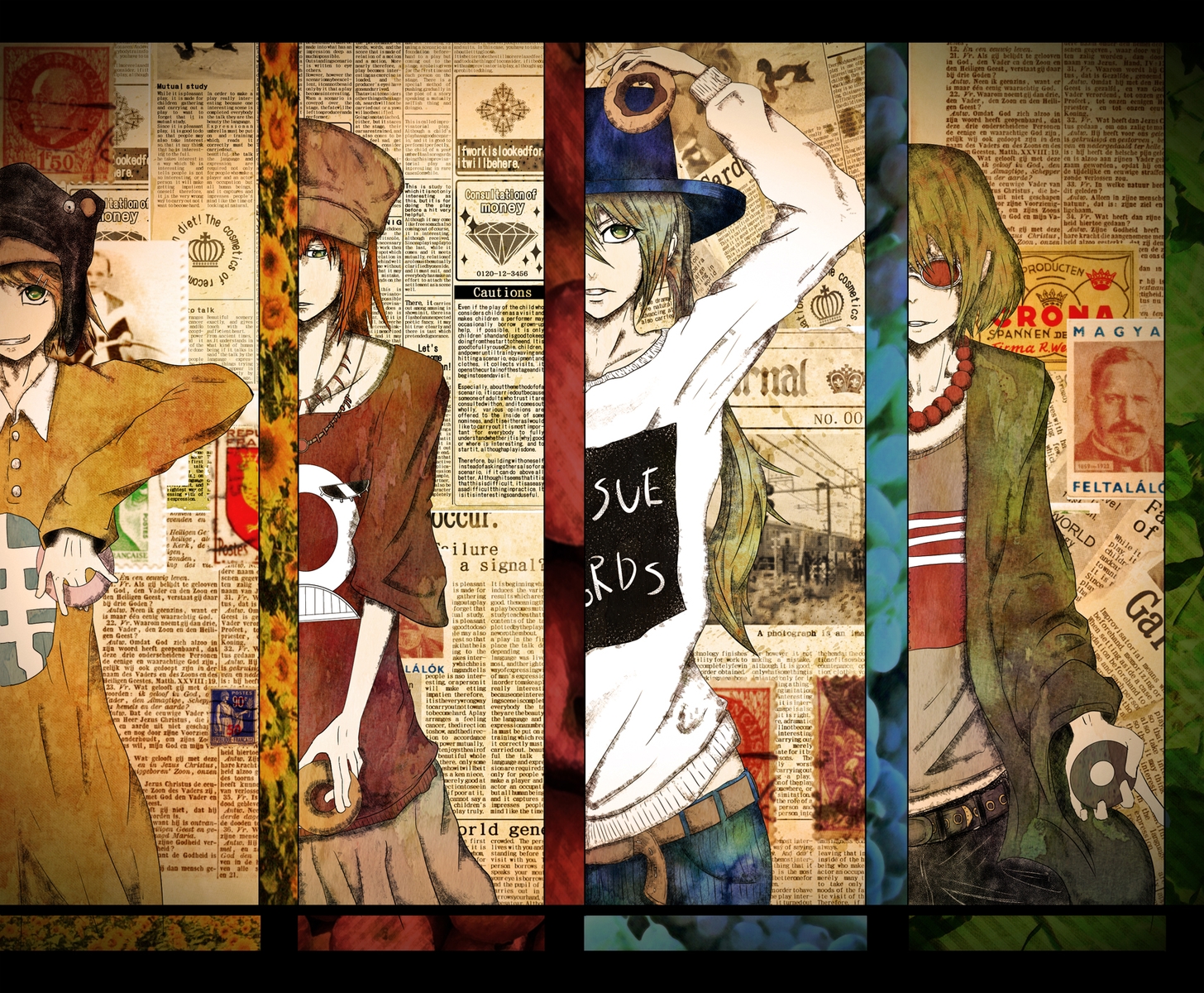 donut_hole_(vocaloid), goggles, green_eyes, gumi, hat, hatsune_miku, kagamine_rin, long_hair, megurine_luka, necklace, sellrio, short_hair, vocaloid