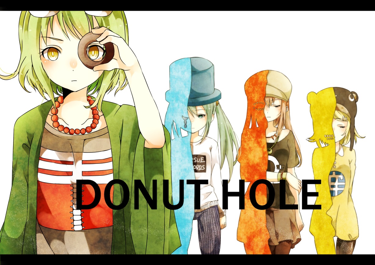 blonde_hair, brown_hair, donut_hole_(vocaloid), dress, green_hair, group, gumi, hat
