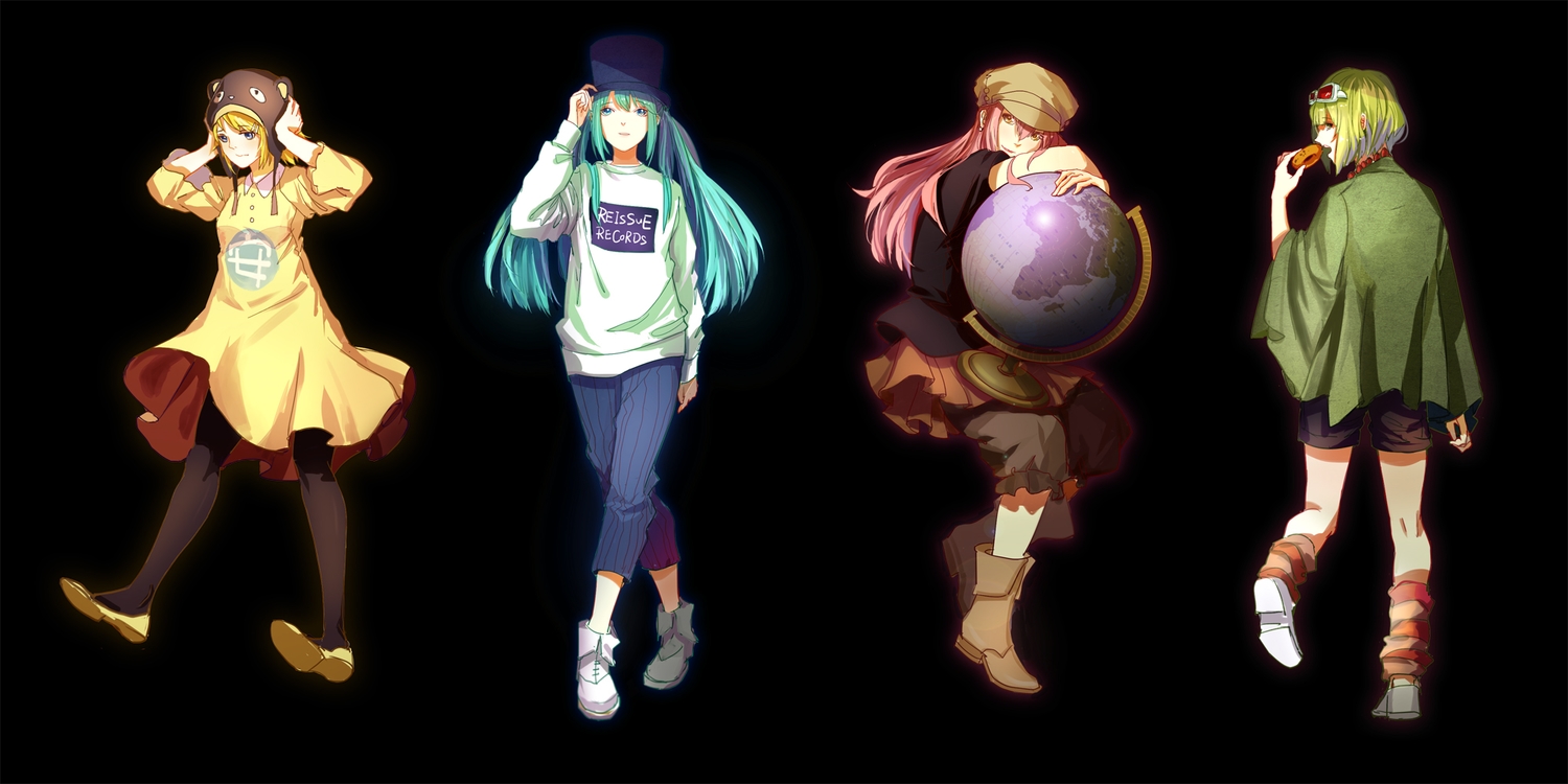 aqua_hair, black, blonde_hair, boots, donut_hole_(vocaloid), dress, goggles, green_hair, group, gumi, hat, hatsune_miku, kagamine_rin, kirayoci, megurine_luka, pink_hair, shorts, thighhighs, vocaloid