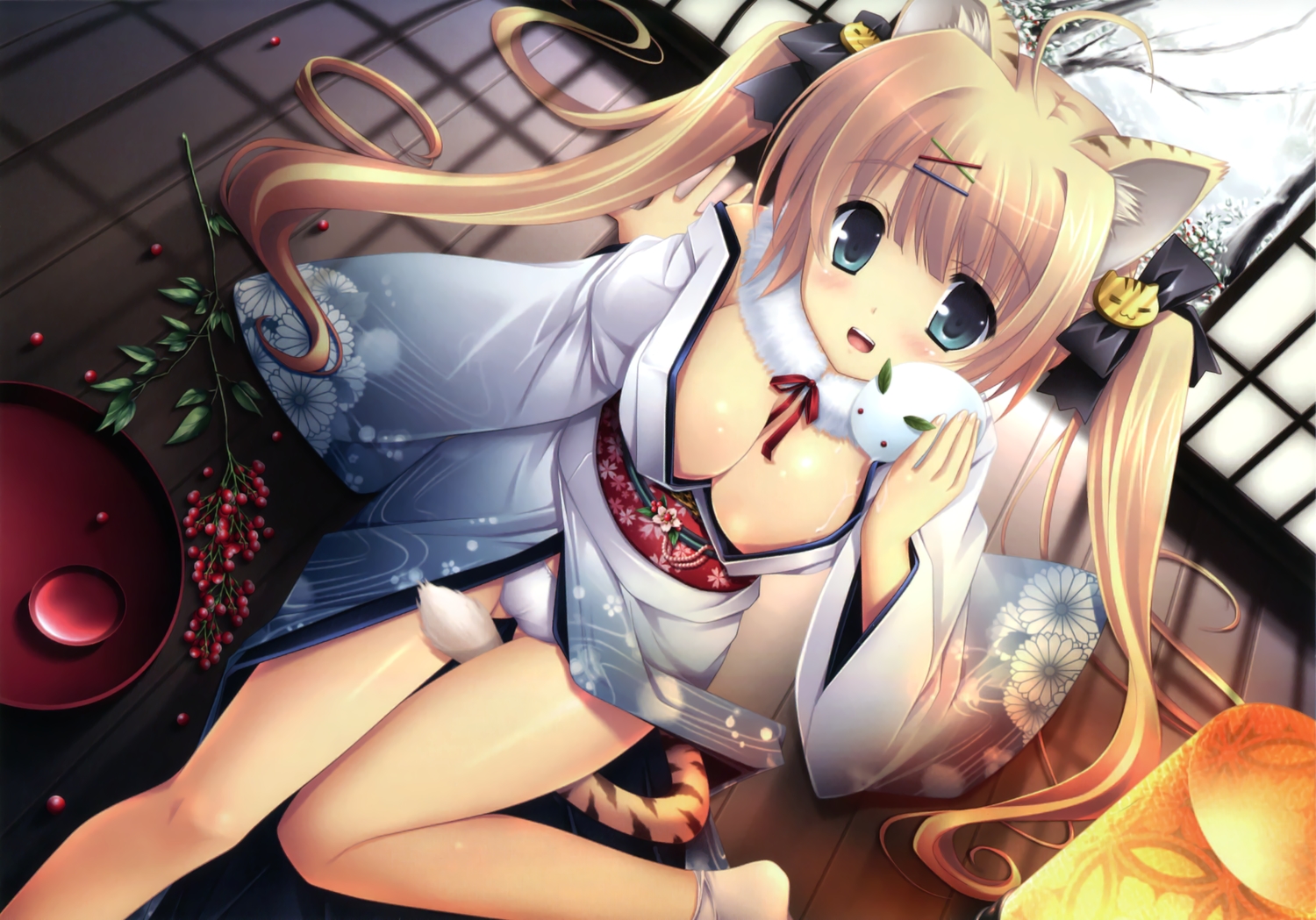 animal_ears, blonde_hair, blue_eyes, breasts, catgirl, cleavage, comic_toranoana, ikegami_akane, japanese_clothes, kimono, panties, scan, tail, twintails, underwear
